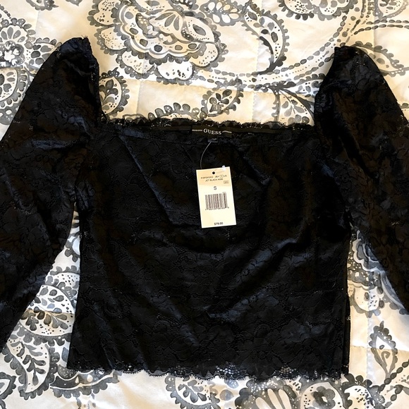 Guess Jet Black Size Small Lace Crop Long Sleeve Square Neck Top - Picture 4 of 7